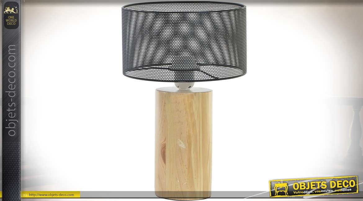Lampe de table cylindrique en bois naturel clair et métal gris foncé 35,5 cm