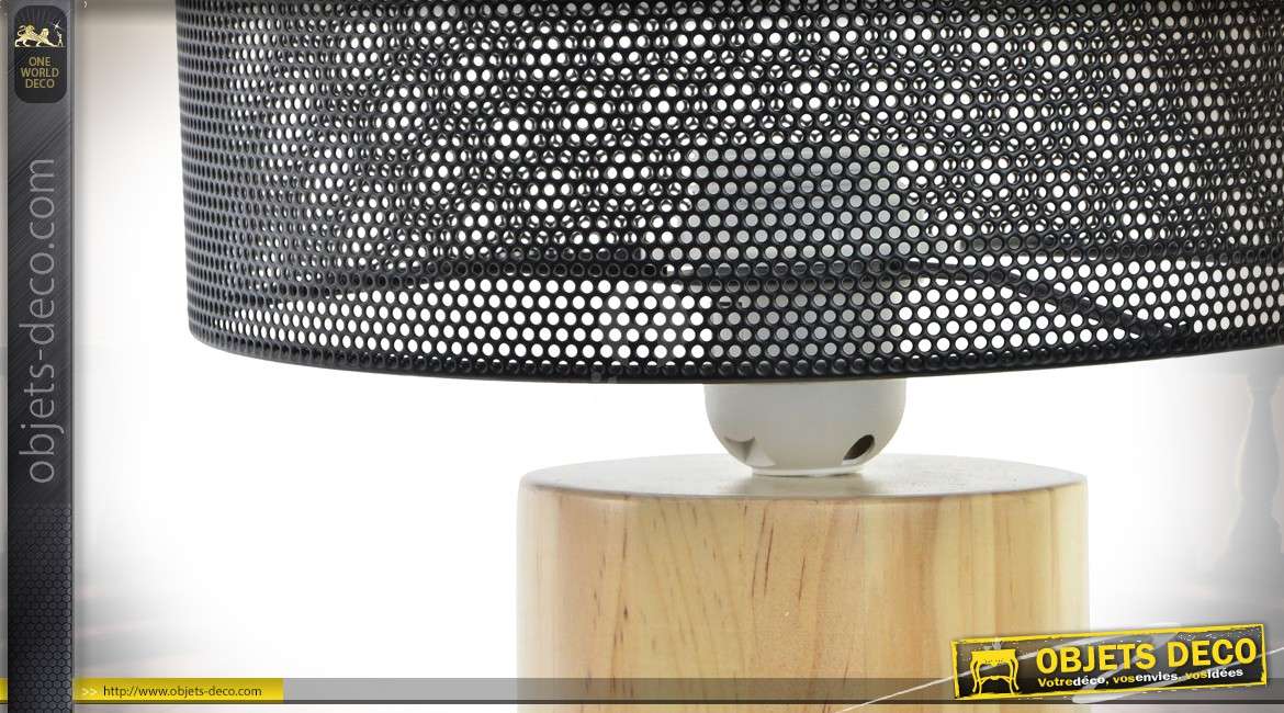 Lampe de table cylindrique en bois naturel clair et métal gris foncé 35,5 cm