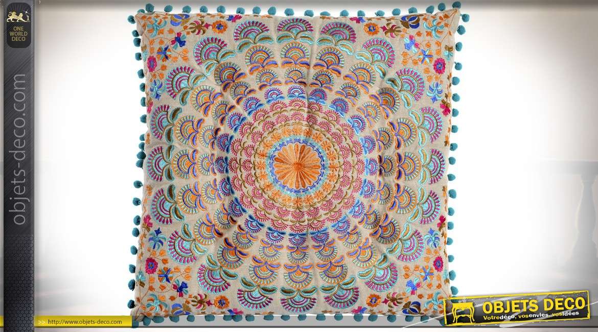 Coussin capitonné en coton style indien motif mandala multicolore 40 x 40 cm