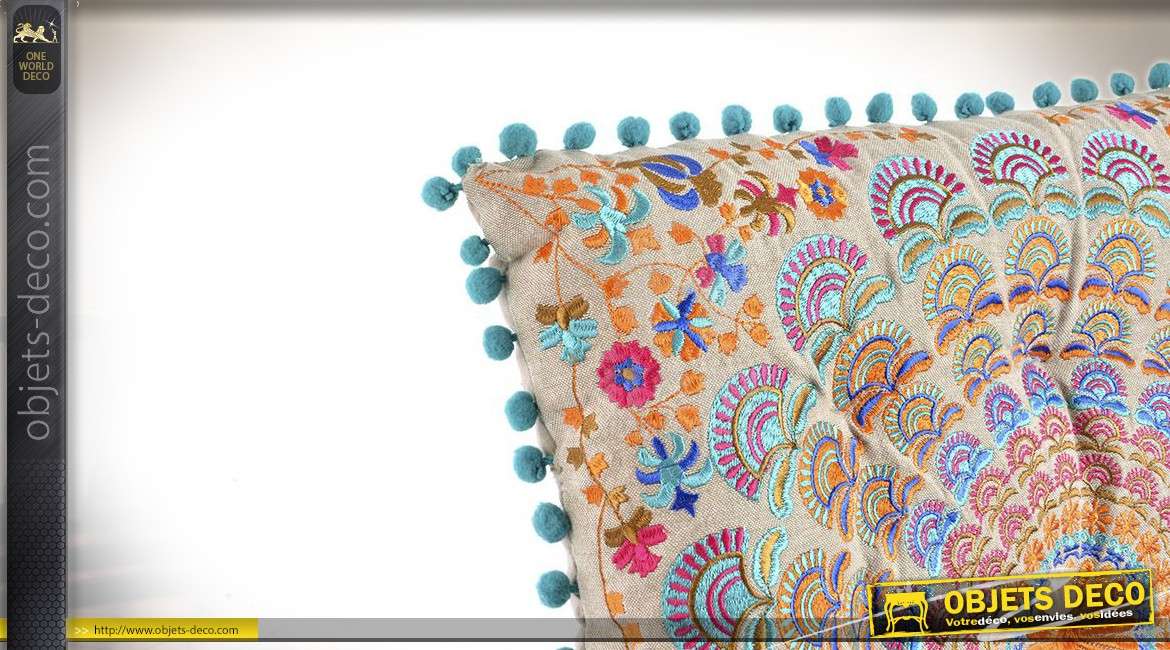 Coussin capitonné en coton style indien motif mandala multicolore 40 x 40 cm