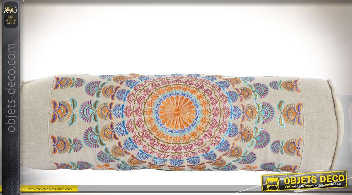 Traversin en coton écru et motifs indiens en mandalas 52 cm