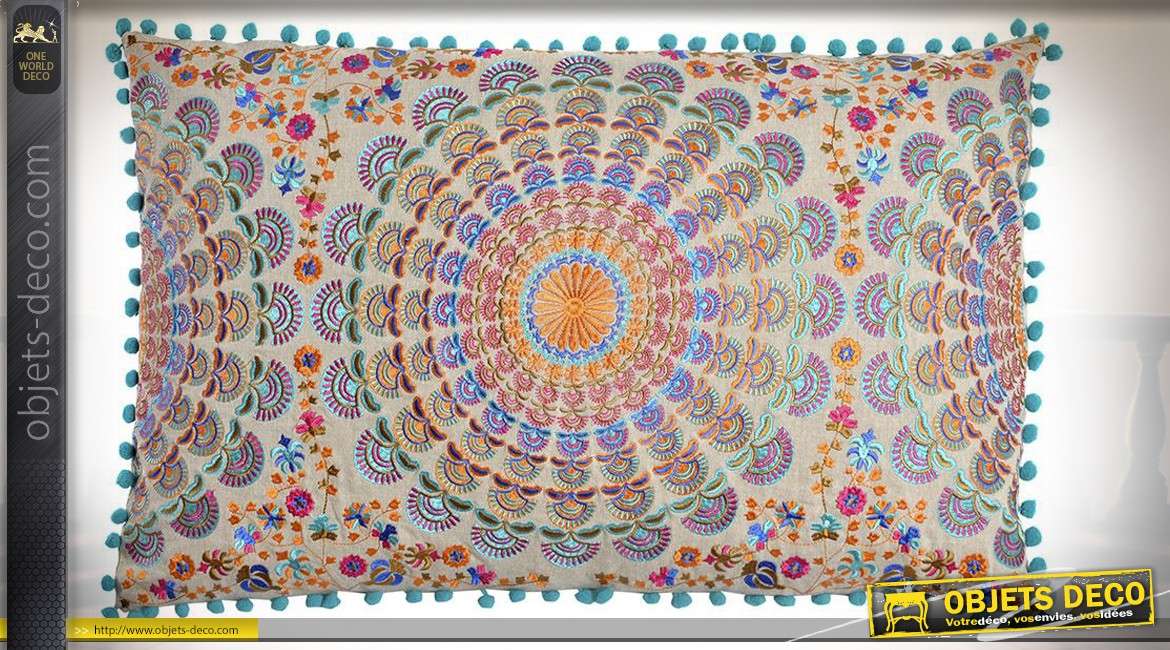 Coussin décoratif rectangulaire 60 x 35 cm motifs indiens multicolores