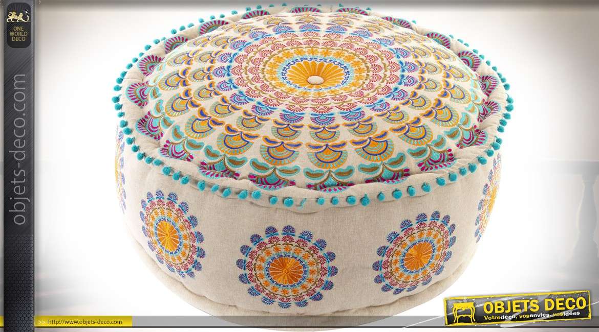 Pouf en coton épais style indien motifs mandala Ø 60 cm 7,5 kg