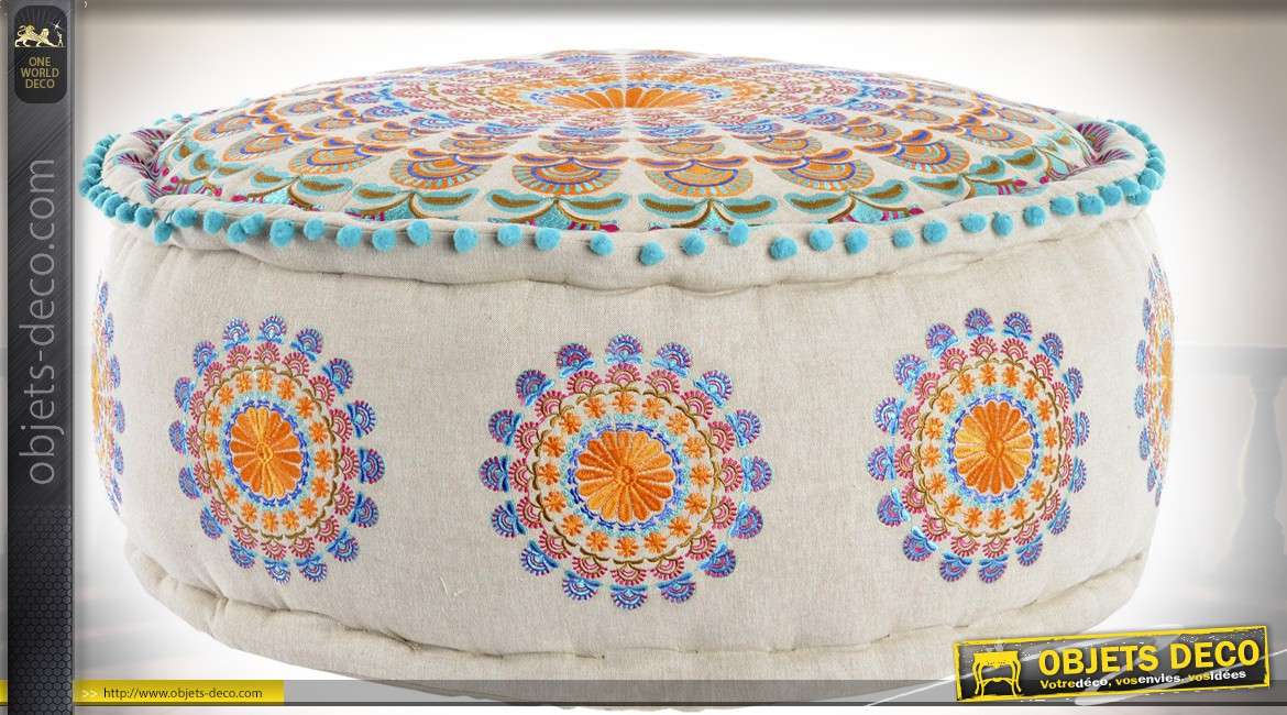Pouf en coton épais style indien motifs mandala Ø 60 cm 7,5 kg