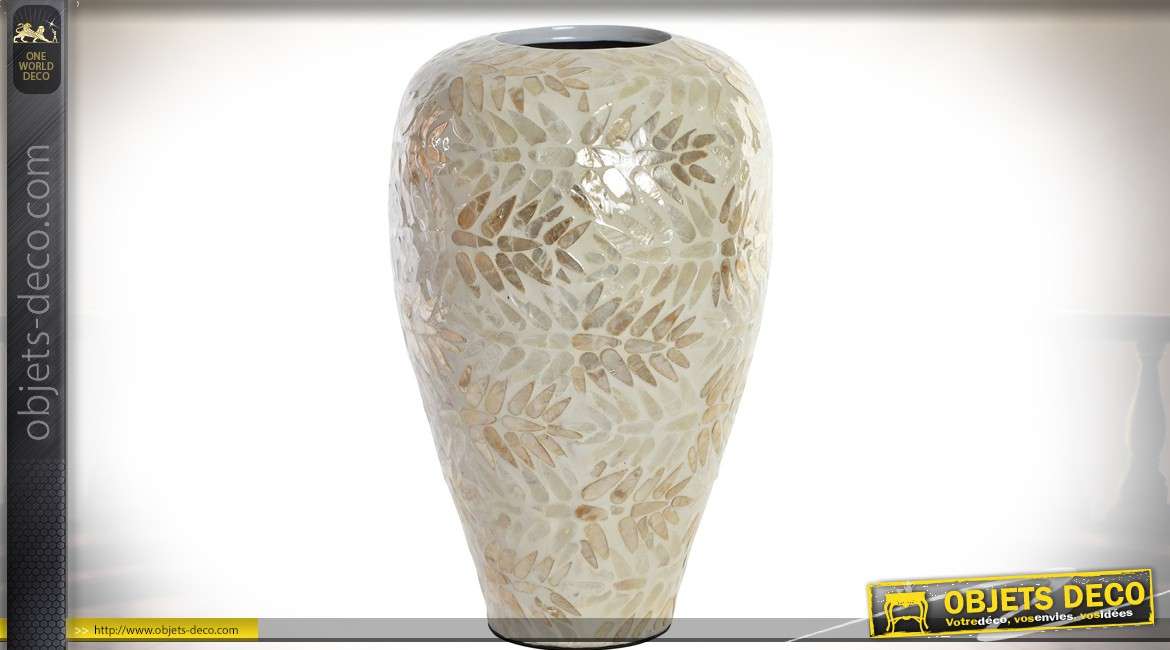 Vase décoratif en bambou motifs feuillages stylisés et nacrés 37 cm