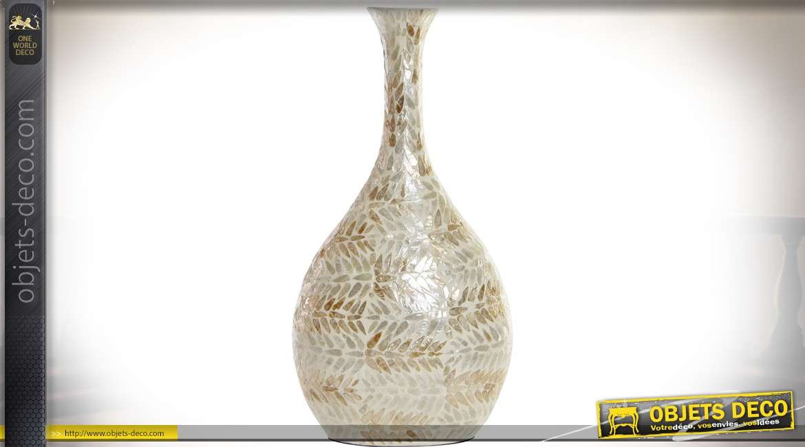 Vase décoratif à panse large et col étroit bambou et mosaïque nacrée 62 cm