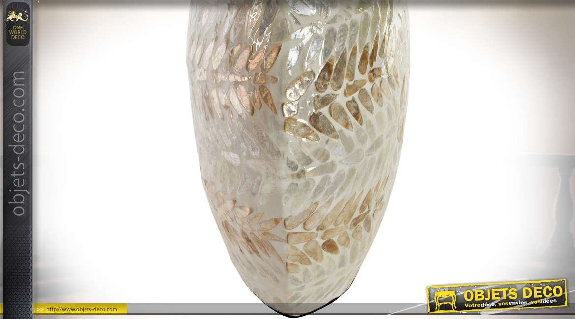 Vase décoratif à panse large et col étroit bambou et mosaïque nacrée 62 cm