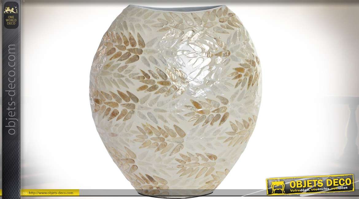Vase ovale et plat en bambou habillage mosaïque nacrée dorée argentée 35 cm