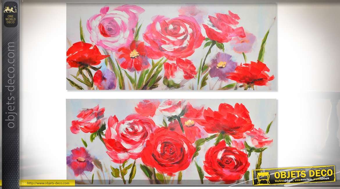 Duo de grandes peintures sur toiles roses rouges 135 x 55 cm