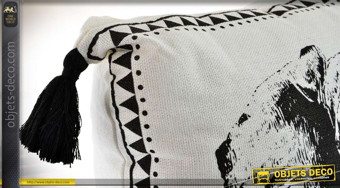 Duo de coussins en coton motifs en noir et blanc :  éléphant et rhinocéros 45 x 45 cm