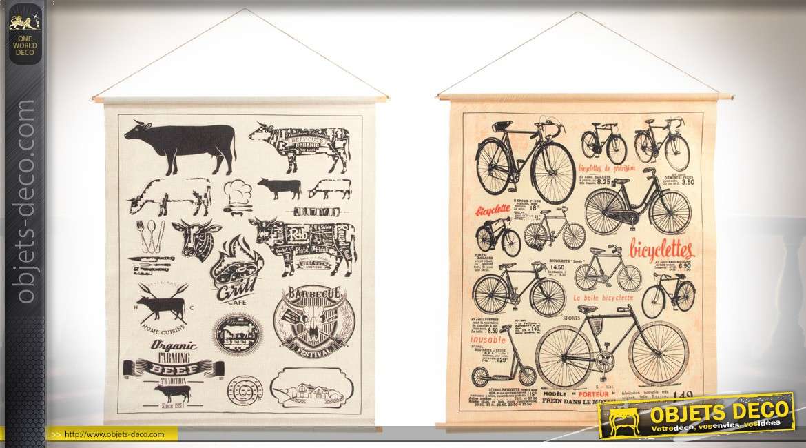 Série de 2 tableaux en toile à suspendre style vintage : bicyclettes et boeufs 95 cm