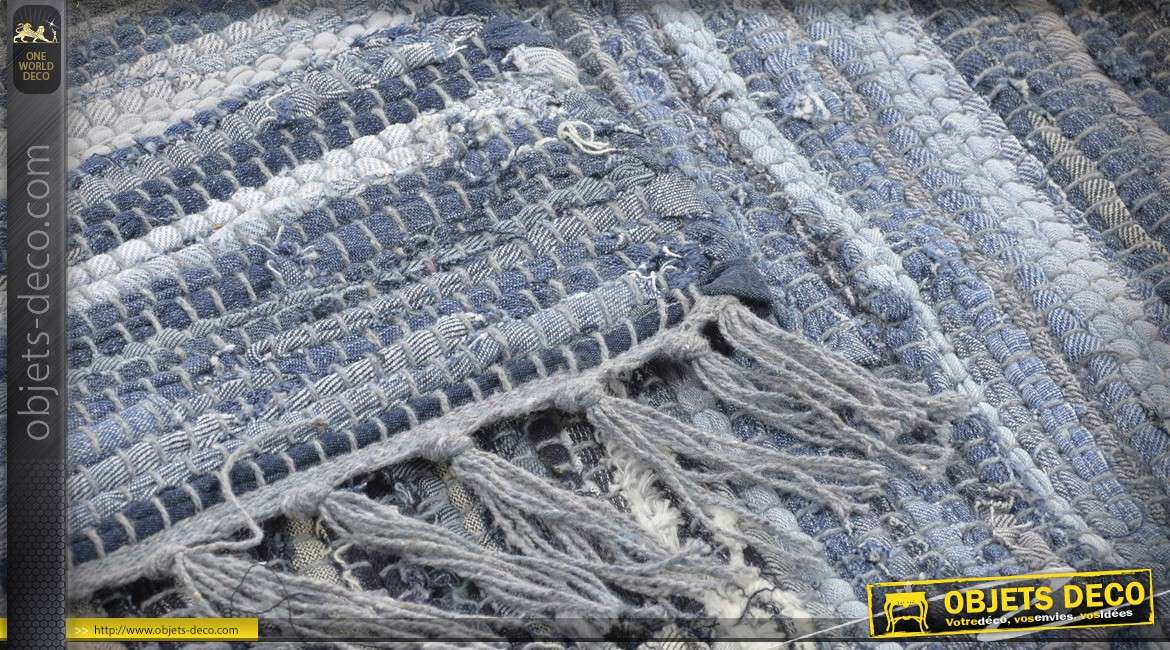 Grand tapis 230 x 160 en coton lirette jean en teintes de bleus variées