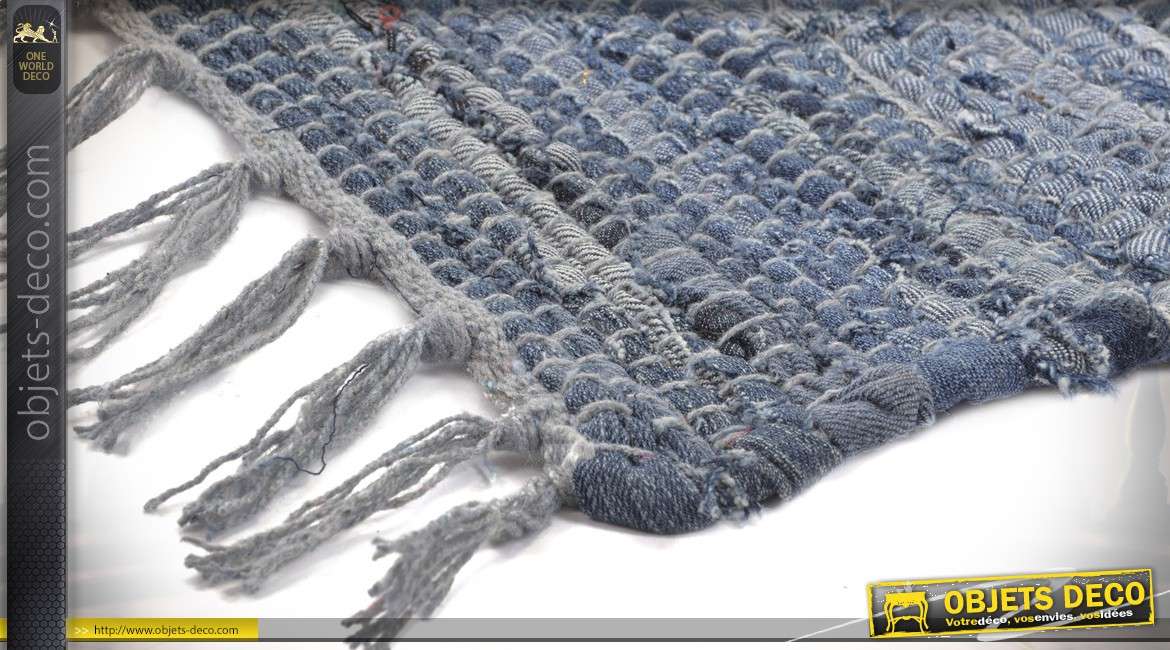 Grand tapis 230 x 160 en coton lirette jean en teintes de bleus variées