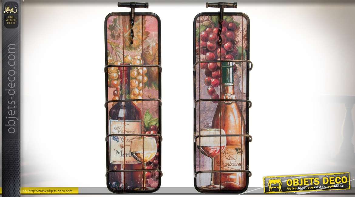 Série de deux porte-bouteilles en métal déco thème vigne et raison 63 cm