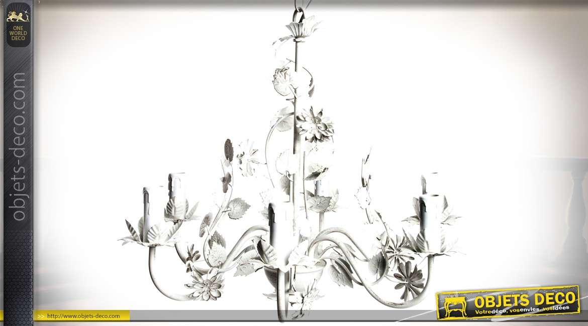 Lustre à 6 bras en métal blanc avec ornementation florale en métal Ø 56 cm