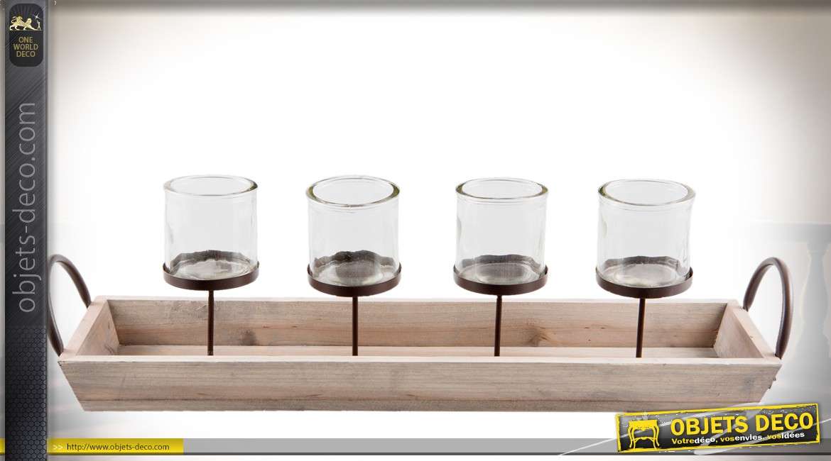 Plateau porte-bougies en bois et métal avec 4 bougeoirs en verre 61 cm