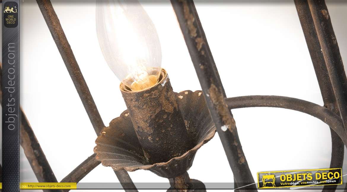 Lampe de table en forme de lanterne en métal brun vieilli et oxydé 55 cm