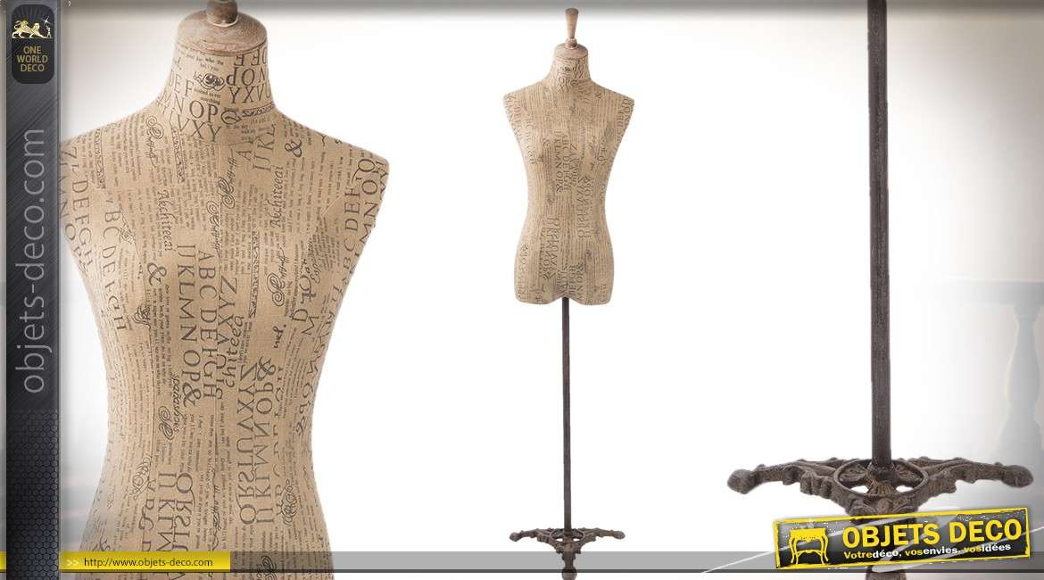 Mannequin de couture décoratif luxueux bois, lin et fer forgé, motifs typo rétro