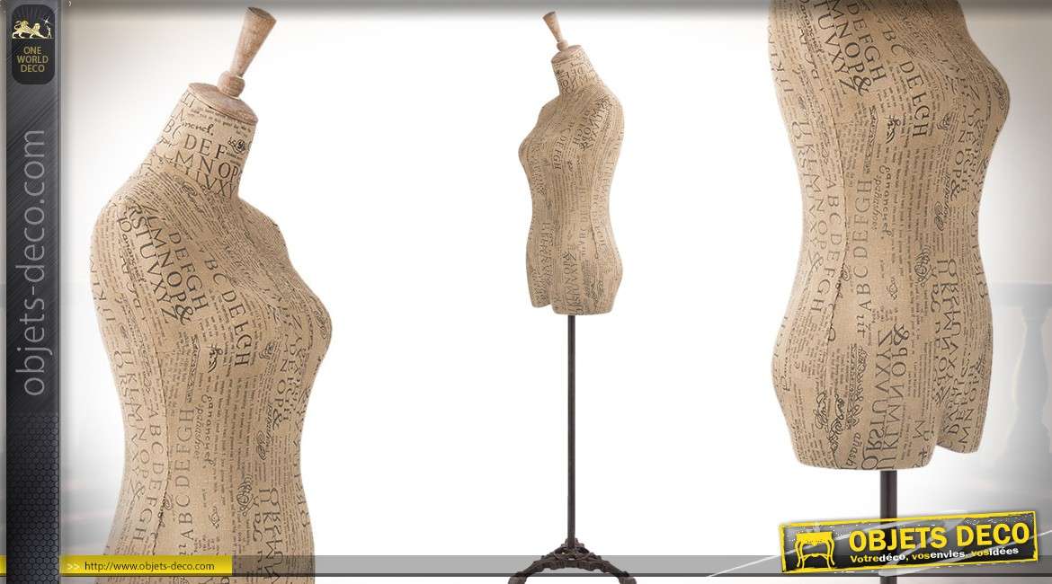 Mannequin de couture décoratif luxueux bois, lin et fer forgé, motifs typo rétro