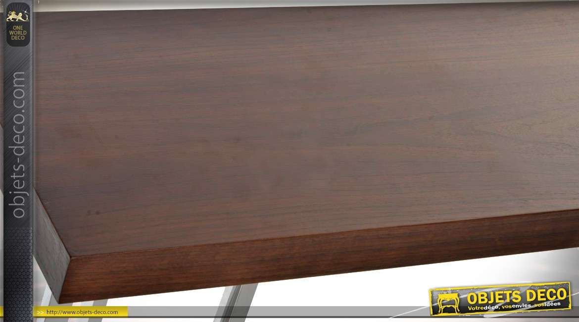 Console design en métal chromé et bois teinté brun foncé 140 cm