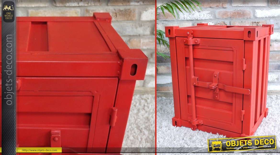 Table de chevet en forme de mini container rouge en métal 55 cm