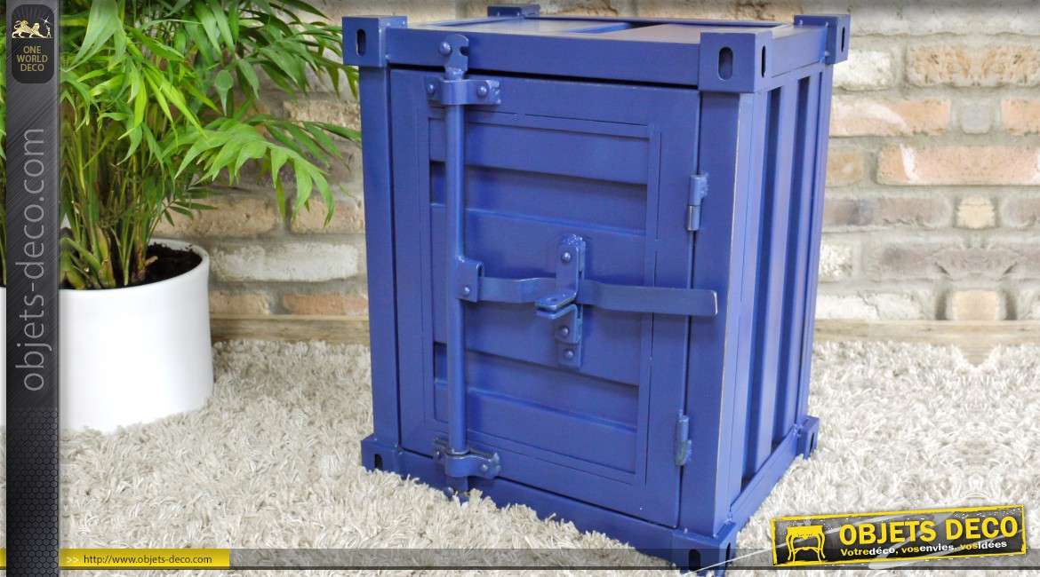 Table de nuit petit container en métal bleu style industriel  55 cm