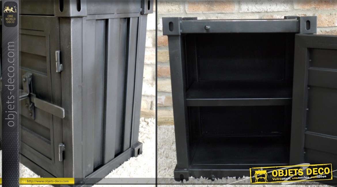 Table de nuit mini-container noir en tôle épaissse et métal 55 cm