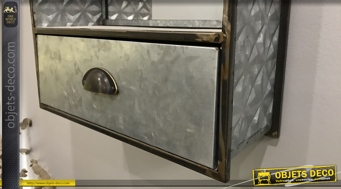 Miroir étagère en métal avec tiroir finition zinc gaufré vieilli 60 cm