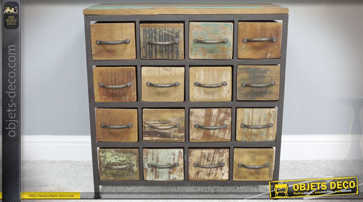 Petit meuble de rangement à 16 tiroirs style rétro et industriel bois et métal