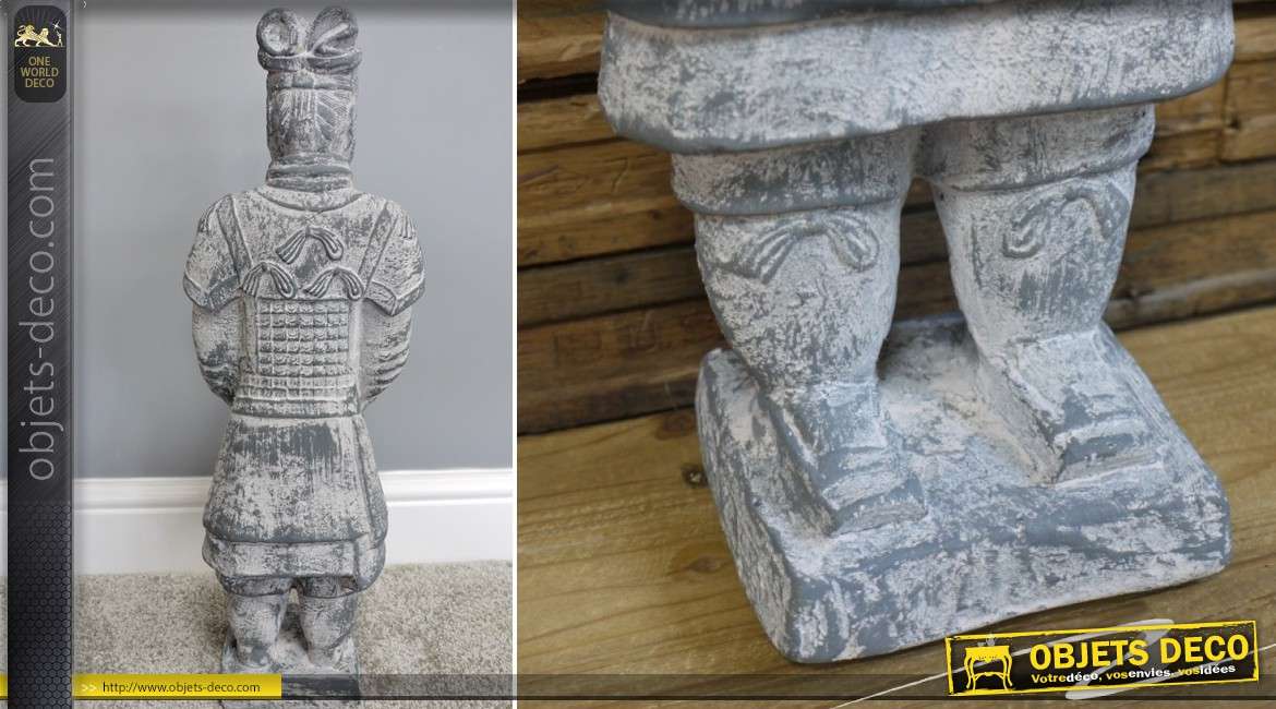 Statuette guerrier Xian imitation pierre grise effet blanchi 59 cm