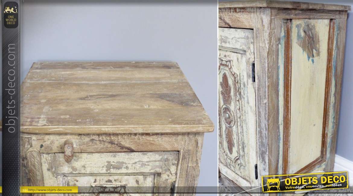 Table de chevet en bois recyclé de style indien aspect ancien 70 cm