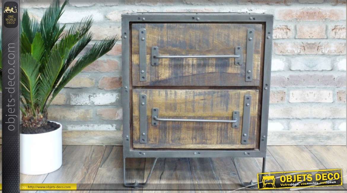 Table de chevet industrielle vintage en bois et métal à deux tiroirs 62 cm