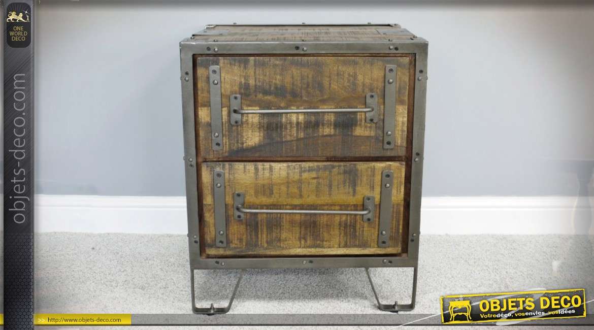 Table de chevet industrielle vintage en bois et métal à deux tiroirs 62 cm