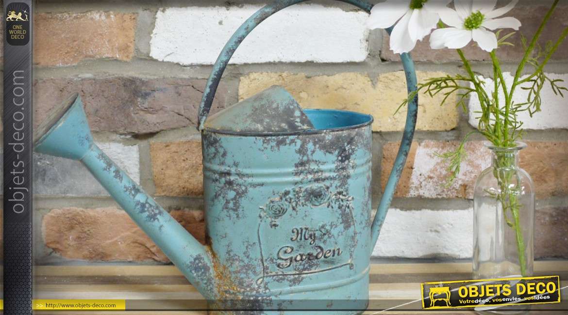 Arrosoir de jardinier décoratif en métal vieilli bleu clair 37 cm