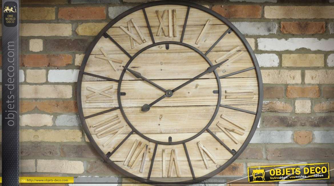 Très grande horloge murale de style industriel bois et métal Ø 90 cm