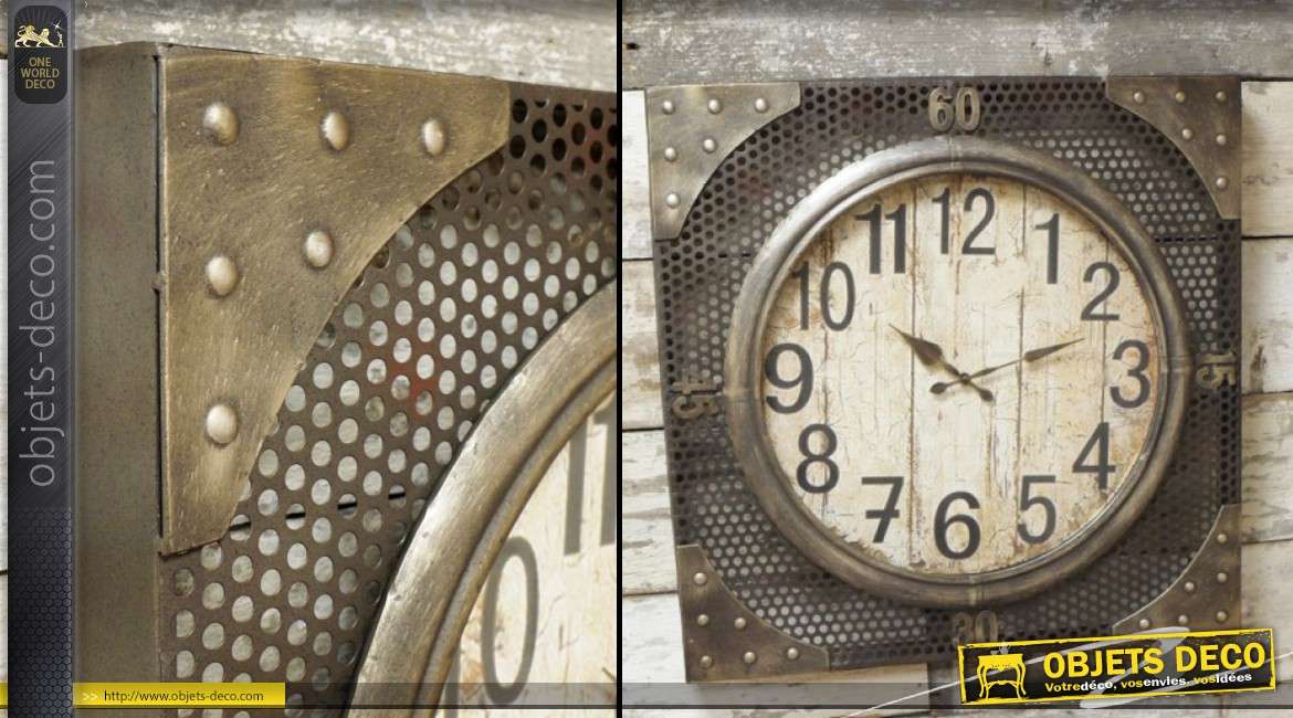 Horloge industrielle vintage en métal vieilli 70 x 70 cm
