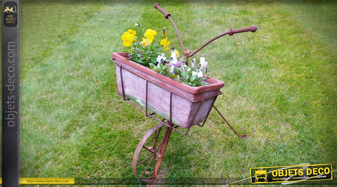 Vélo jardinière en métal oxydé avec bac à fleurs rectangulaire 46 cm