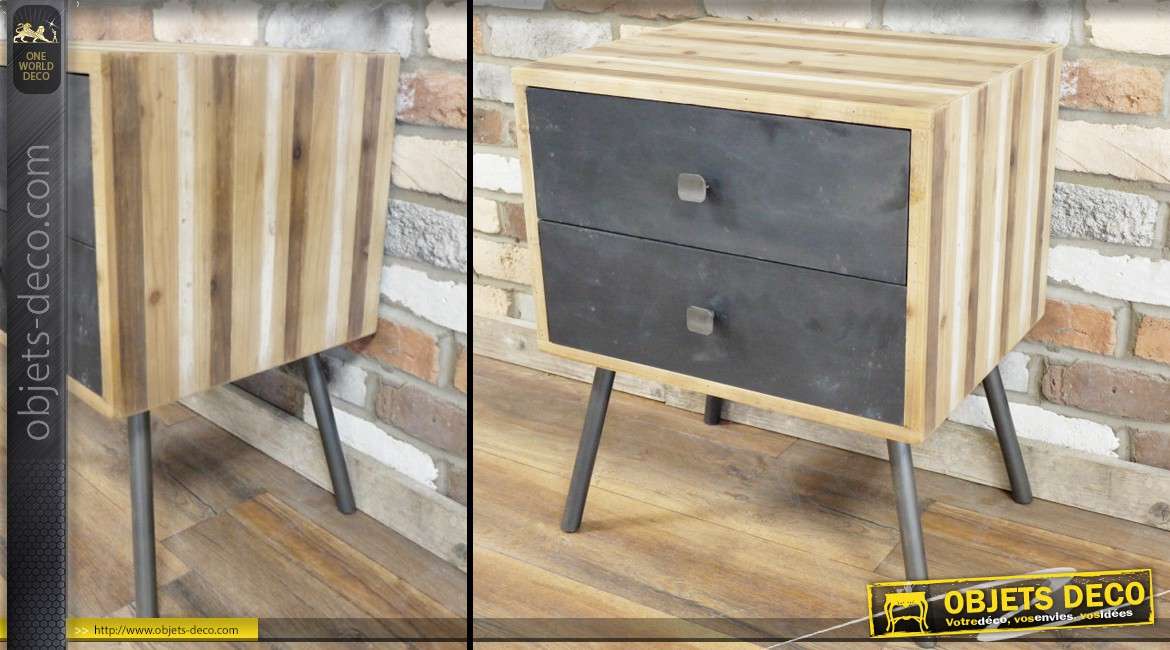 Table de chevet de style vintage design 60/70 bois et métal 2 tiroirs