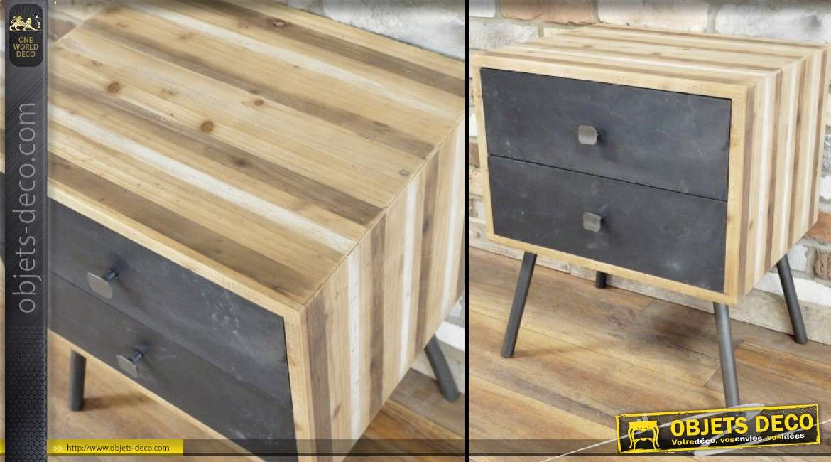 Table de chevet de style vintage design 60/70 bois et métal 2 tiroirs