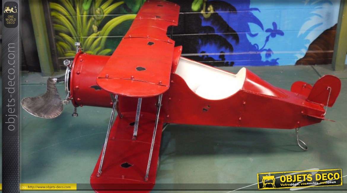 Grand avion décoratif biplan rouge en métal (2 mètres)