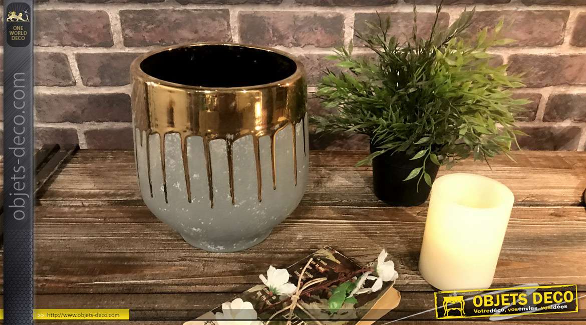 Vase large en grés gris vieilli avec bordures en coulées dorées Ø 19,5 cm