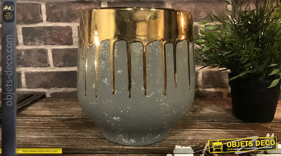 Vase large en grés gris vieilli avec bordures en coulées dorées Ø 19,5 cm