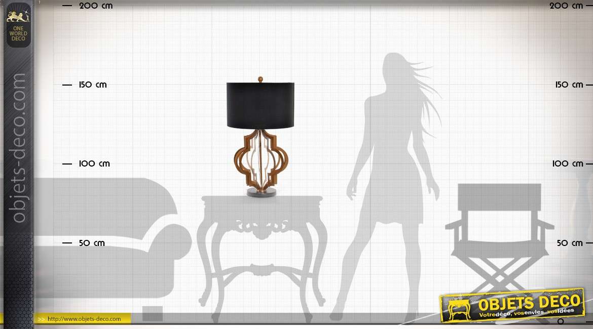 Lampe de table design pied en métal doré et abat-jour cylindrique noir