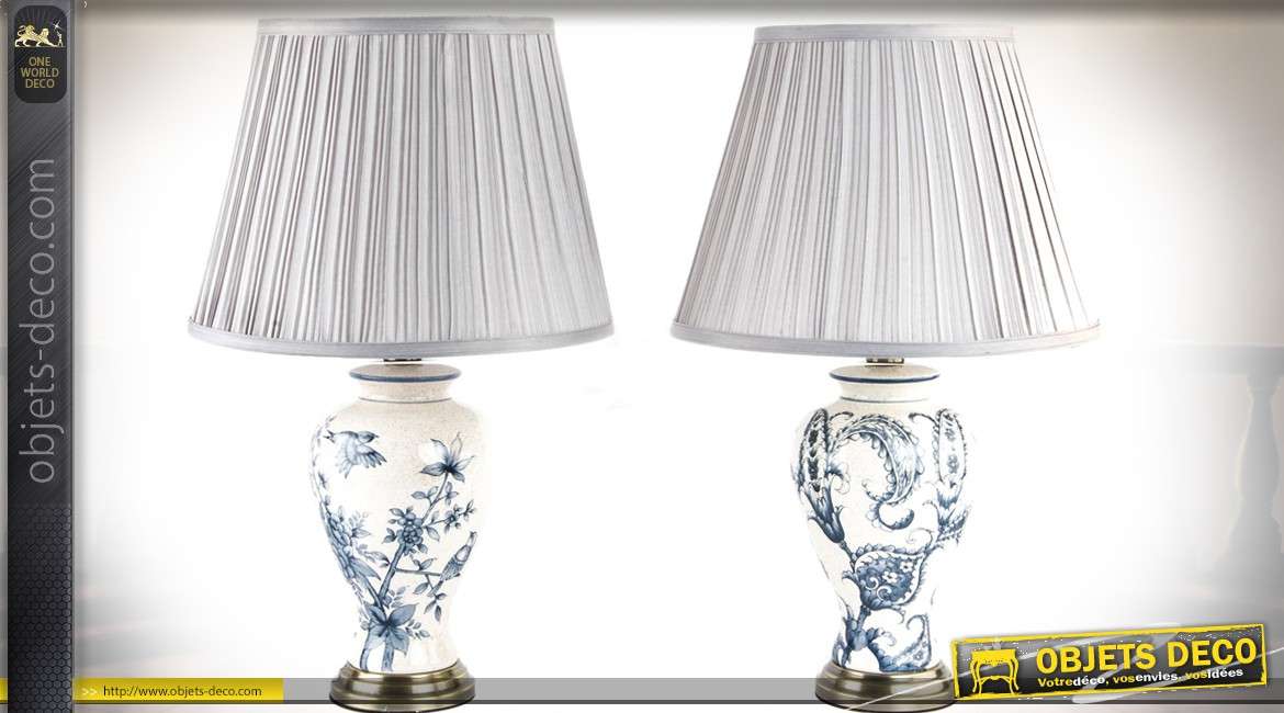 Duo de lampe en céramique blanche et bleue à motifs floraux style rétro 57 cm
