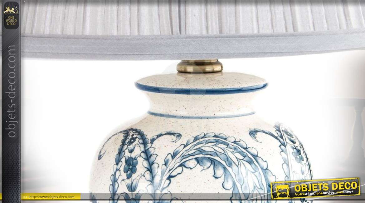 Duo de lampe en céramique blanche et bleue à motifs floraux style rétro 57 cm