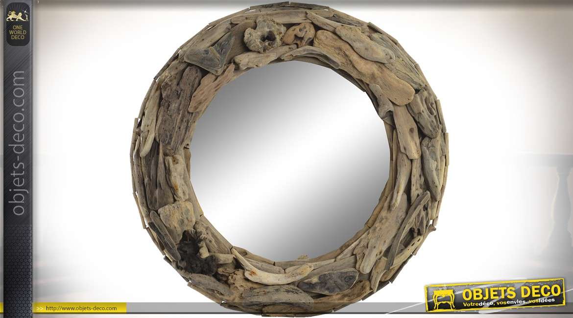 Miroir rond en bois flotté style rustique Ø 60 cm