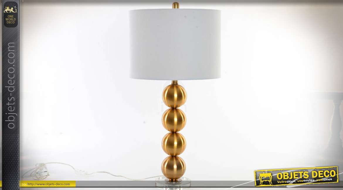 Lampe design pied en sphères dorées et abat-jour cylindrique blanc 73,5 cm