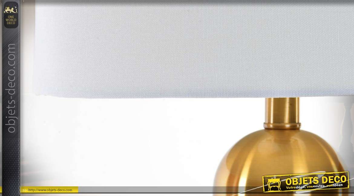 Lampe design pied en sphères dorées et abat-jour cylindrique blanc 73,5 cm