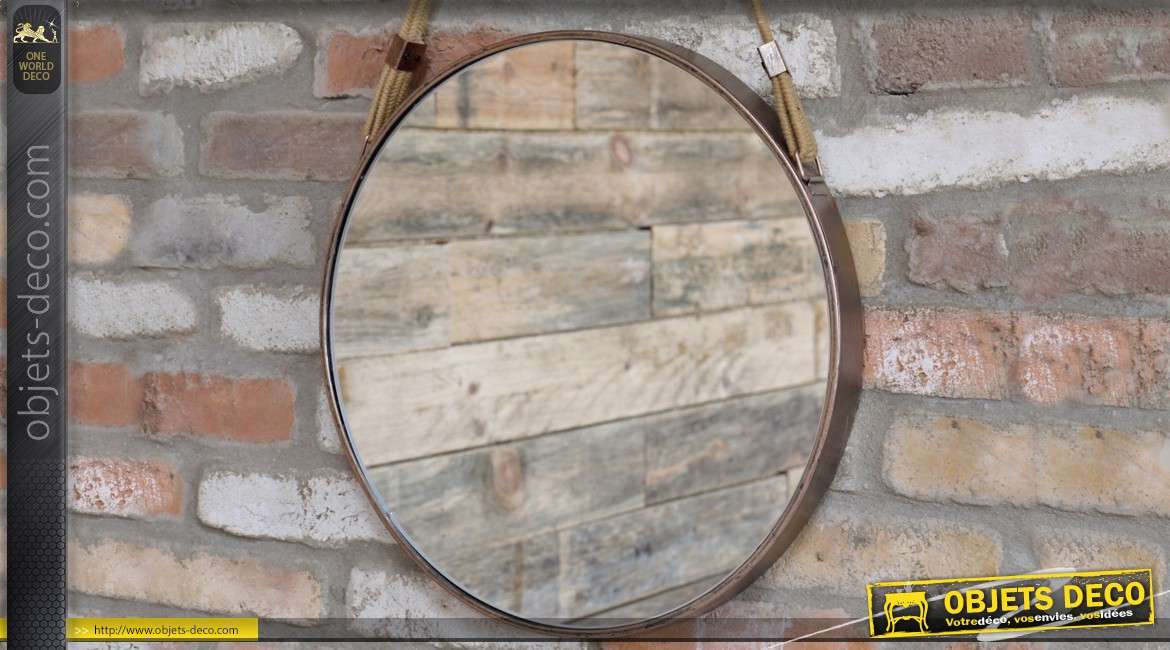 Miroir rond suspendu en métal de style industriel Ø 47 cm