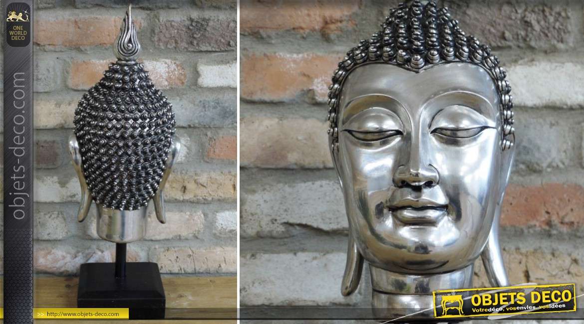 Statuette tête de bouddha argenté sur socle en métal noir 54 cm